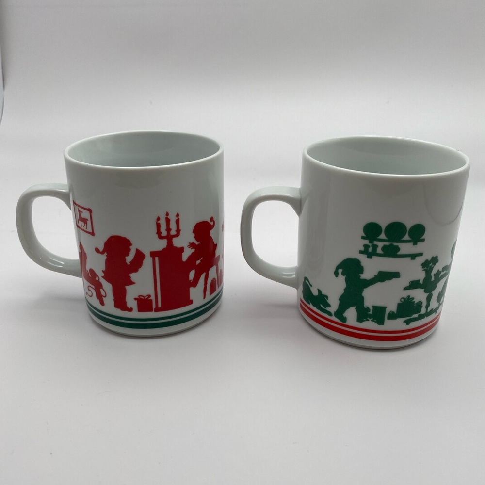 Avon Holiday Coffee Mug Set Rare retro holiday  Red Green Silhouette Art 1984